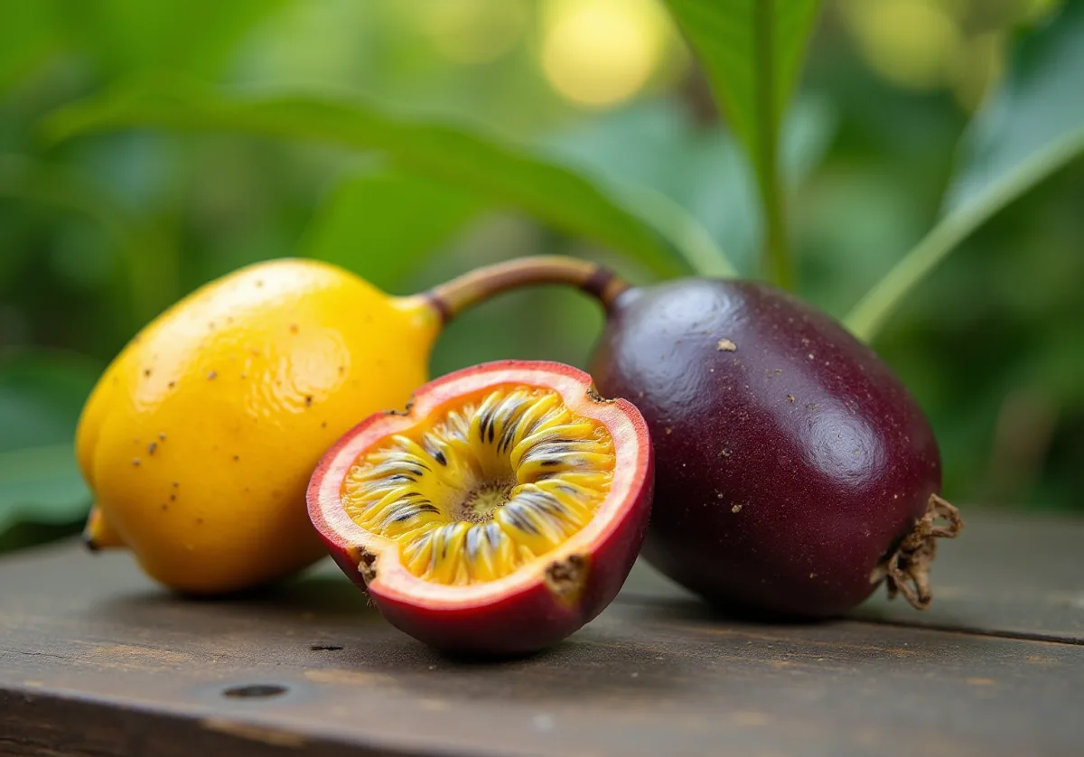 purple and yellow passion fruit varieties side by side